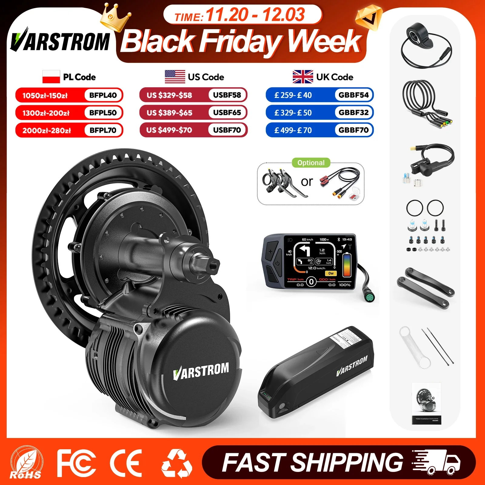 BAFANG Tongsheng TSDZ8/TSDZ2B Ebike Conversion Kit 36V 250W, 48V 500W, 750W Mid Drive Motor with Torque Sensor & 13Ah/20Ah Battery