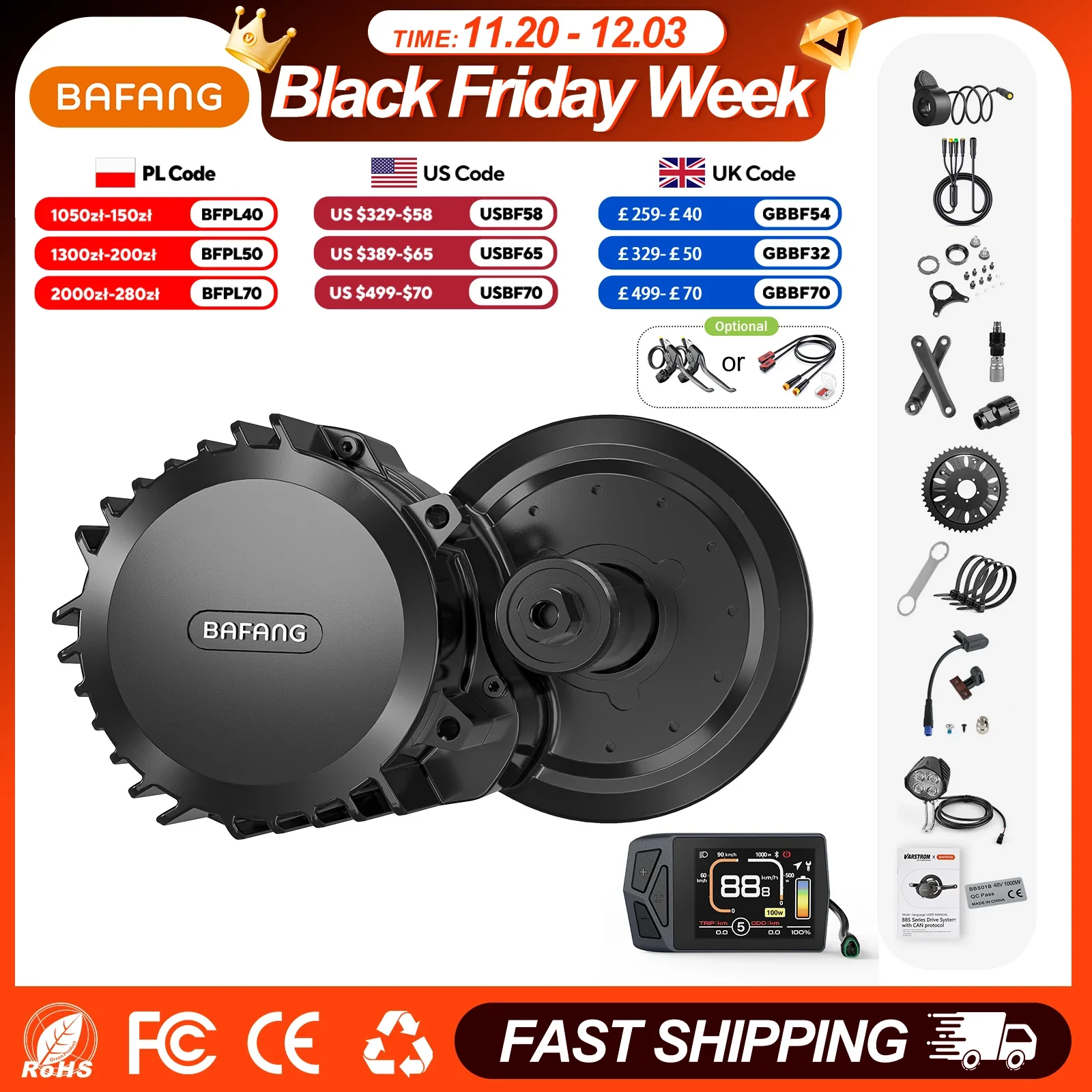 BAFANG BBSHD & BBS03 1000W Mid Drive Ebike Motor Kits 48V 52V, BB 68/100/120mm Electric Bike Conversion Kit