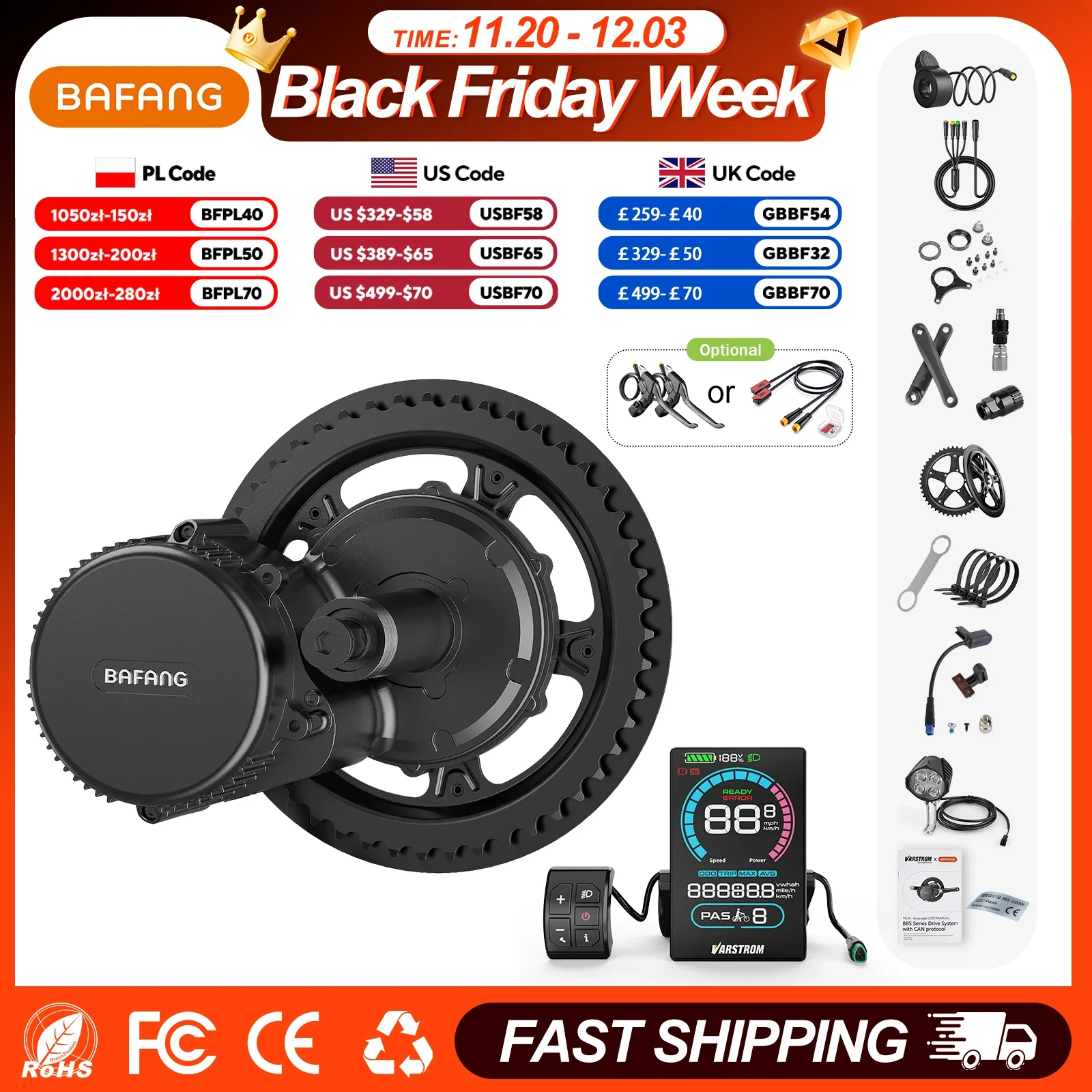 BAFANG BBS02B Mid Drive Motor Kit 36V/48V 500W Electric Bicycle Conversion with 8FUN M315 Chainring, Fits BB Size 68mm-73mm, 44T