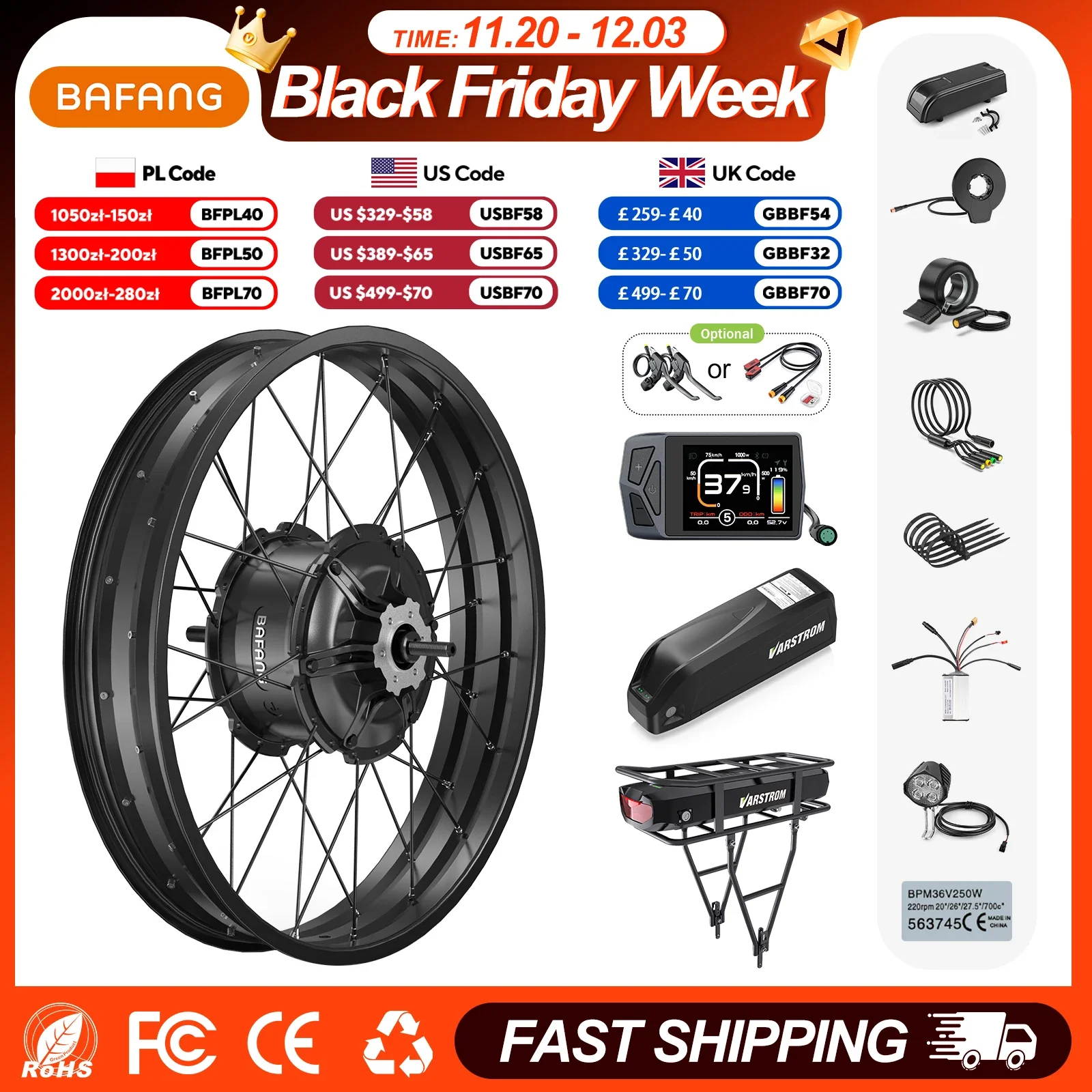 BAFANG G062 48V 1000W Electric Bicycle Conversion Kit, 26" & 20" Rear Hub Motor for Snow Fat Bikes